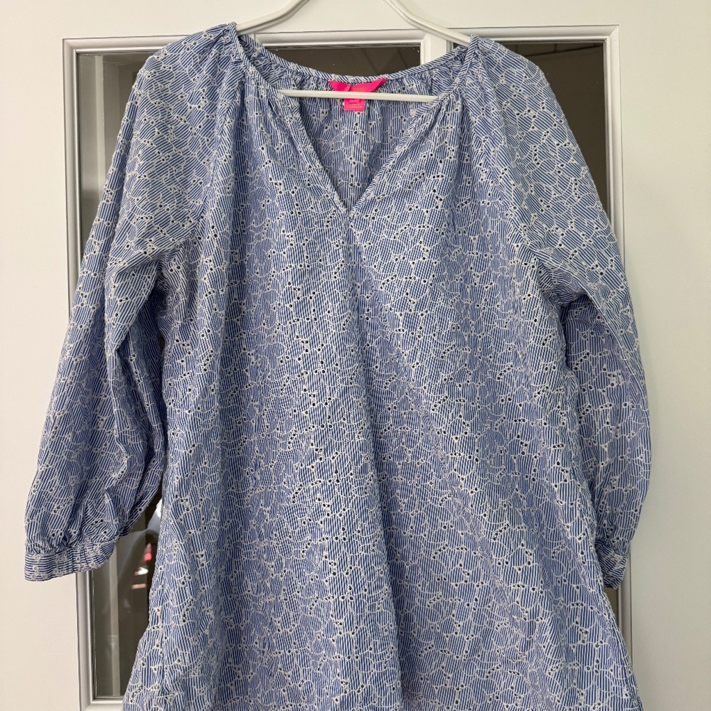 Lilly Pulitzer Willa Top, Cotton, Crew Blue w/ White Eyelets, 3/4 Sleeve, Large